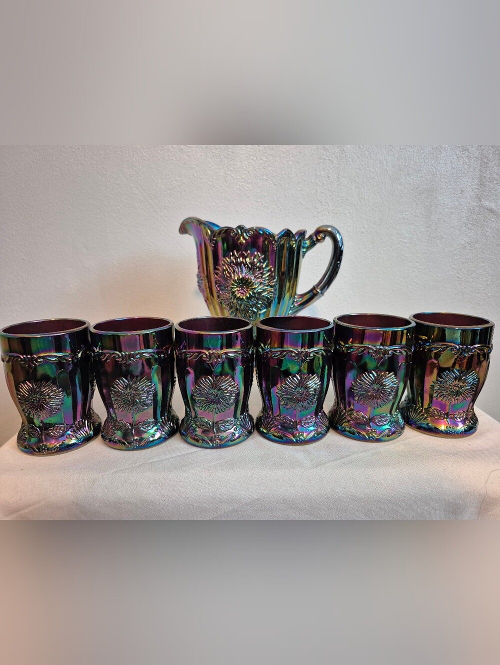 Vintage Mosser Amethyst Carnival Glass Pitcher with 6 Matching Tumblers